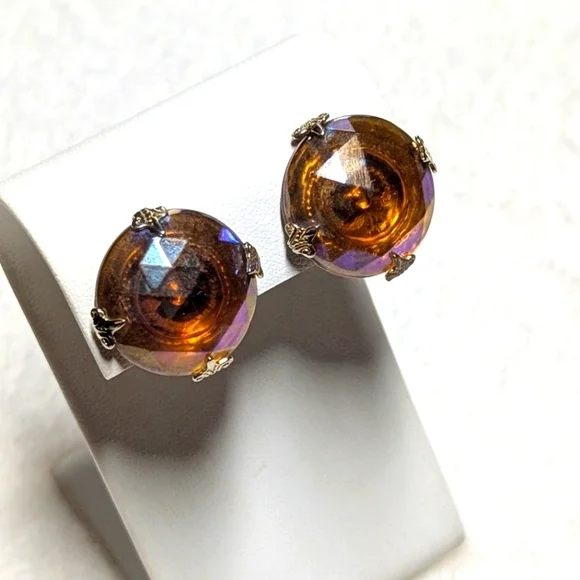 Vintage Vogue Amber Carnival Glass Button Clip Earrings - Picture 2 of 8